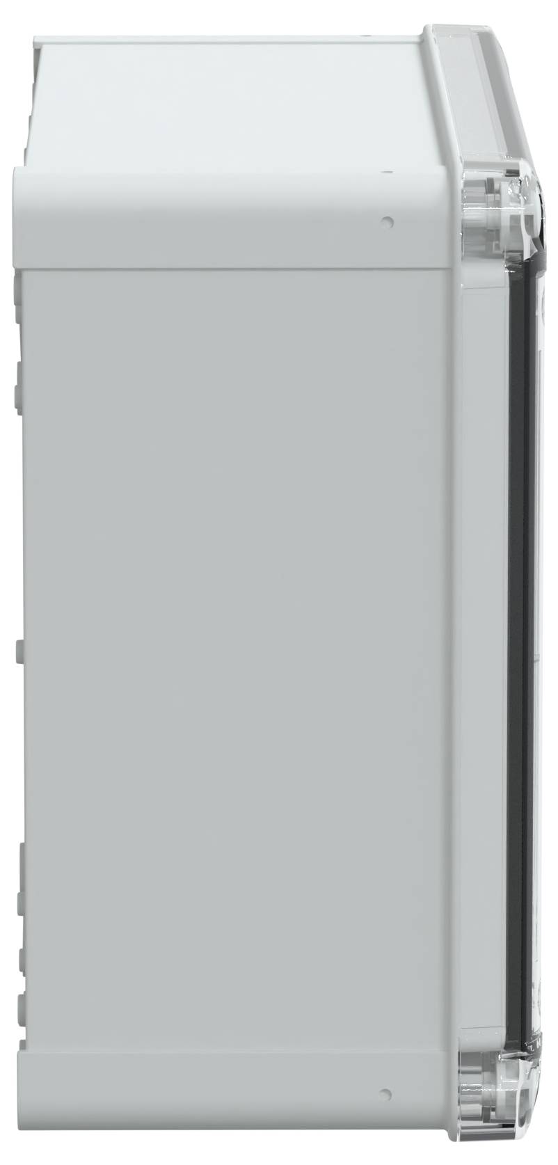 Seitenansicht eines grauen, rechteckigen elektronischen Geräts mit einem transparenten, klappbaren Deckel auf der rechten Seite.