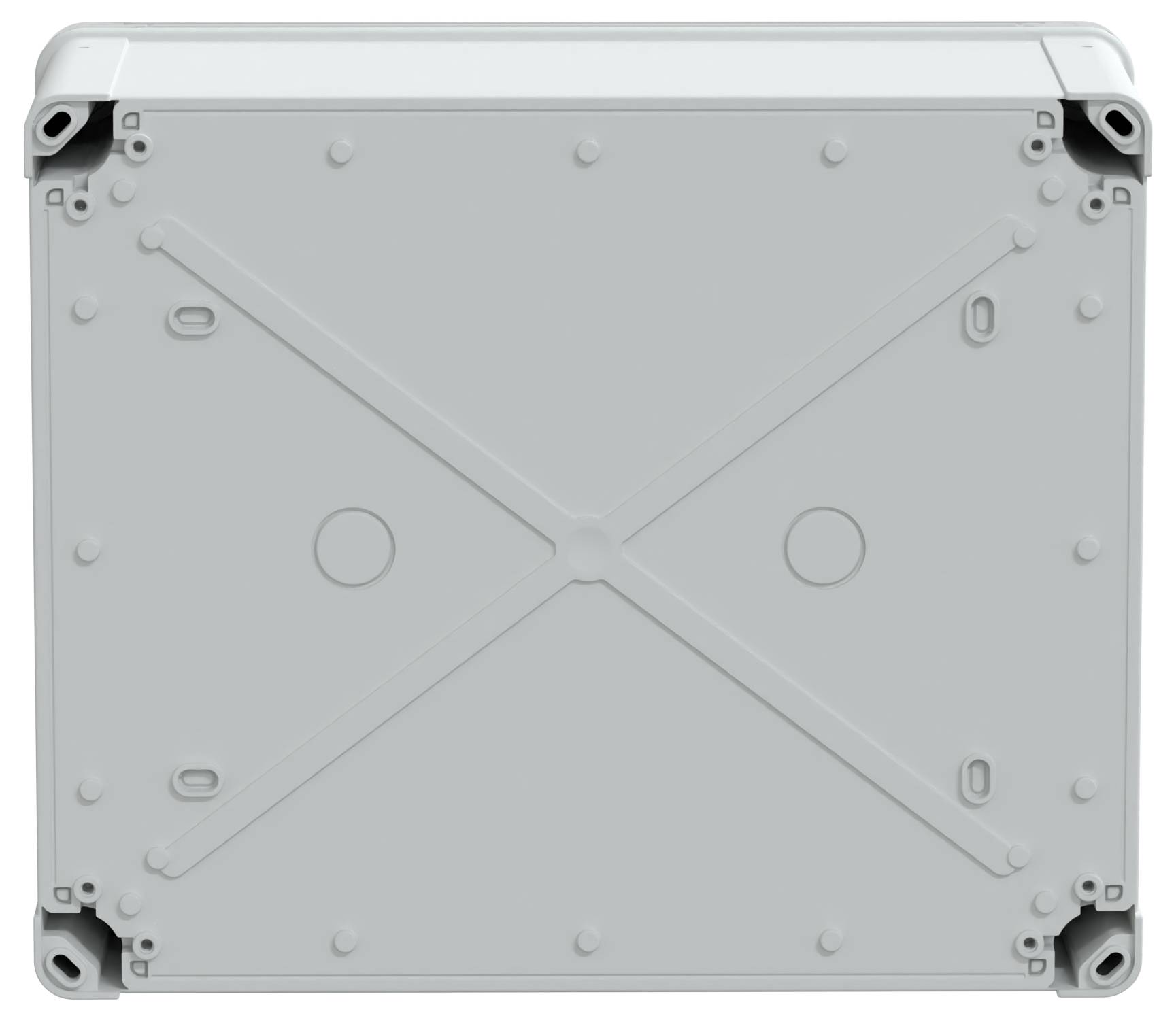 Eine graue, rechteckige elektrische Verteilerdose mit strukturierter Oberfläche und vorgebohrten Löchern an den Ecken.