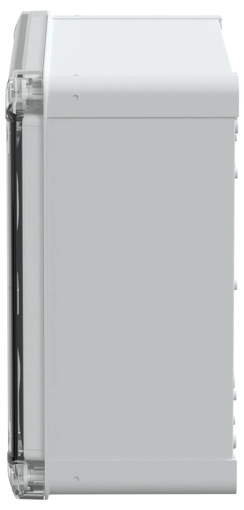 Seitenansicht eines weißen, rechteckigen elektronischen Geräts mit transparenter Abdeckung auf der linken Seite. Keine sichtbaren Markenzeichen oder Merkmale.