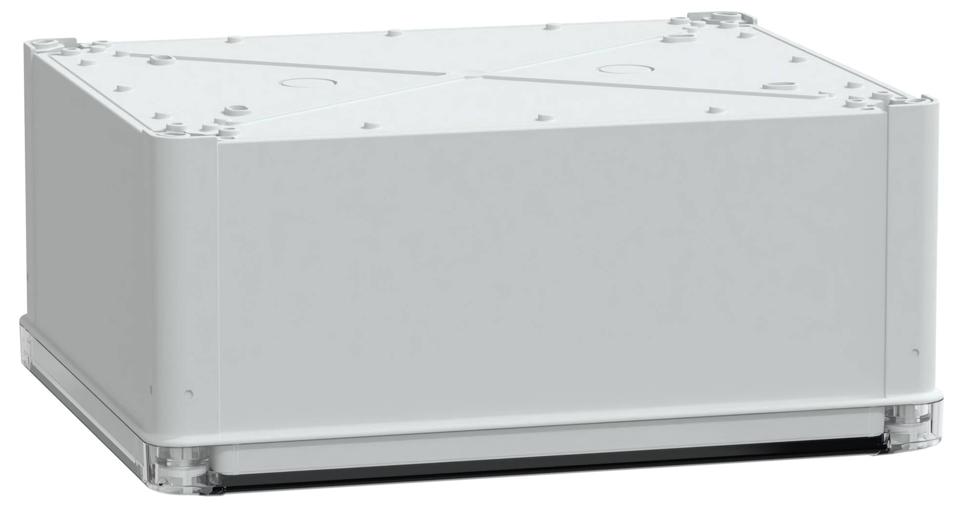 Eine weiße rechteckige elektrische Anschlussdose mit einem sicheren Deckel.