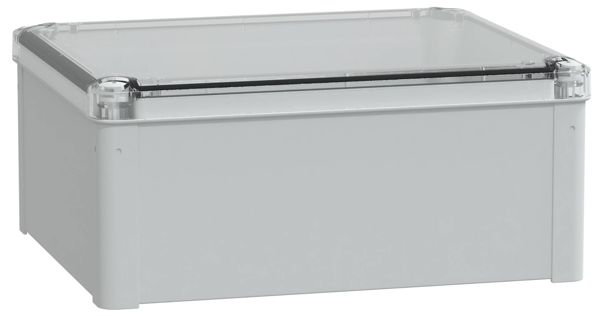 Eine rechteckige graue Industriebox mit durchsichtigem Deckel und abgerundeten Ecken ist zu sehen, was auf Lagerung oder Gehäuse für Ausrüstung hindeutet.