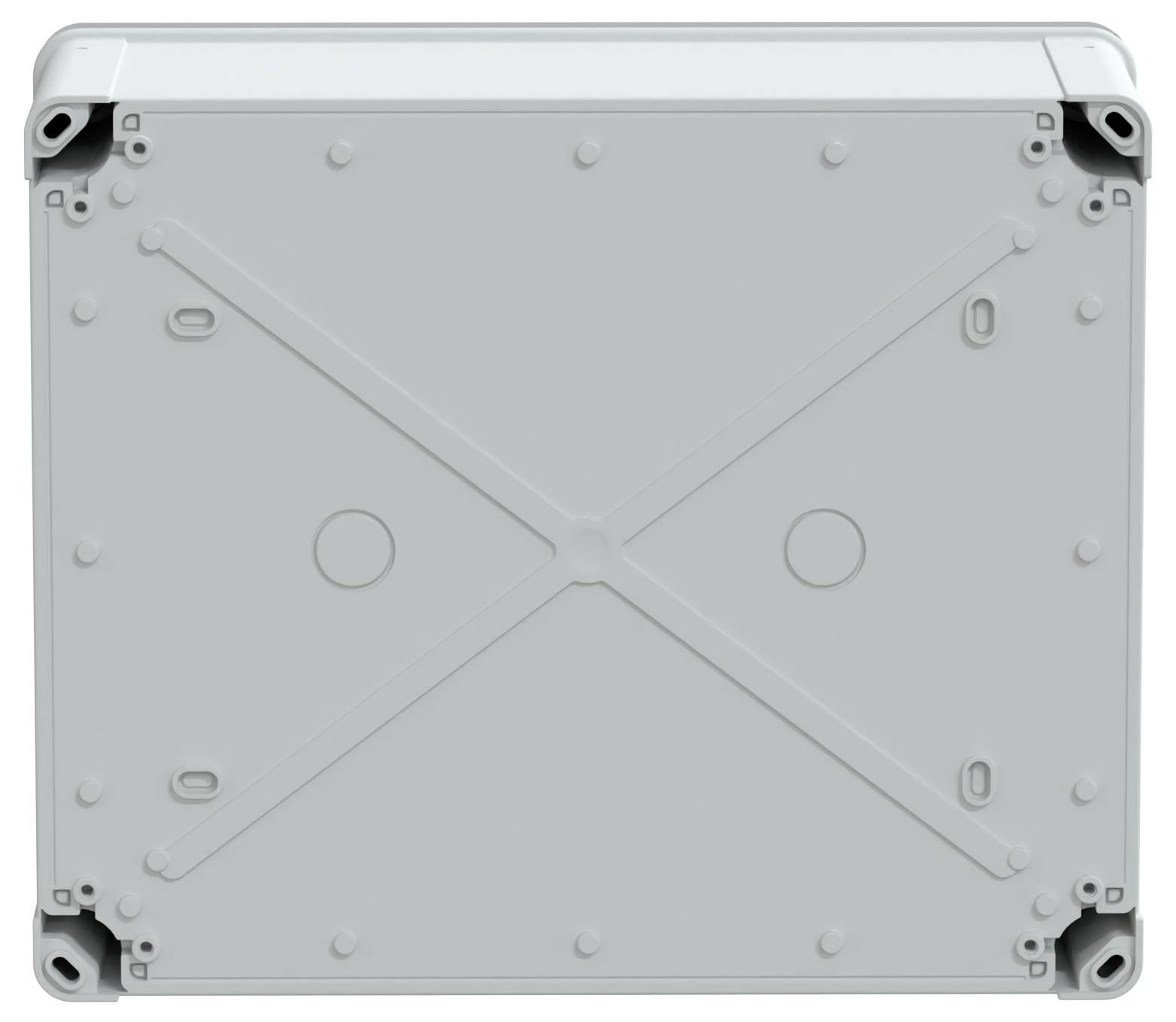 Ein grauer rechteckiger Deckel eines Elektrokastens mit einem 'X'-Muster und Befestigungslöchern an den Ecken.