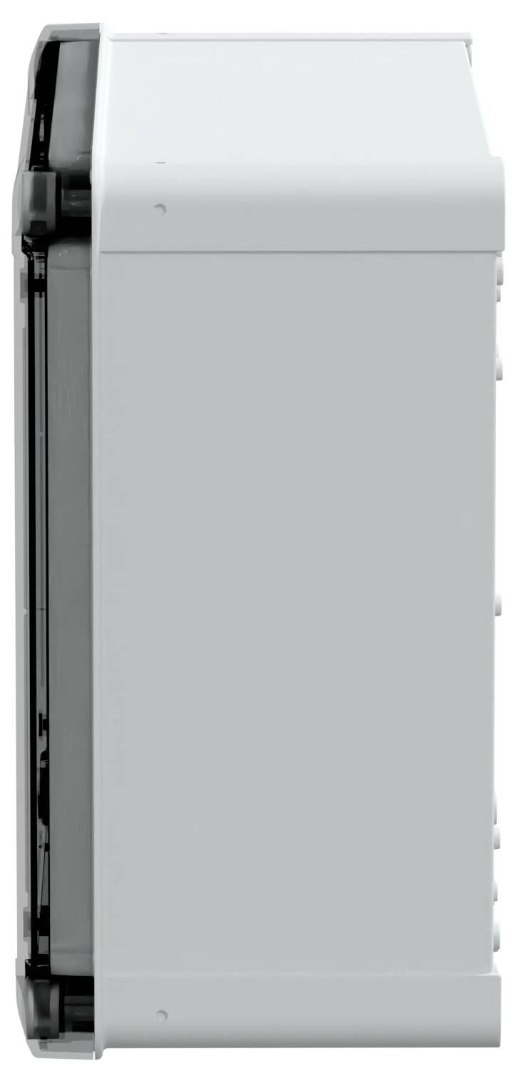 Eine graue, rechteckige industrielle Gehäuse, von der Seite gezeigt, mit einer robusten Konstruktion, die sich gut zur Aufnahme von elektrischen Komponenten eignet.