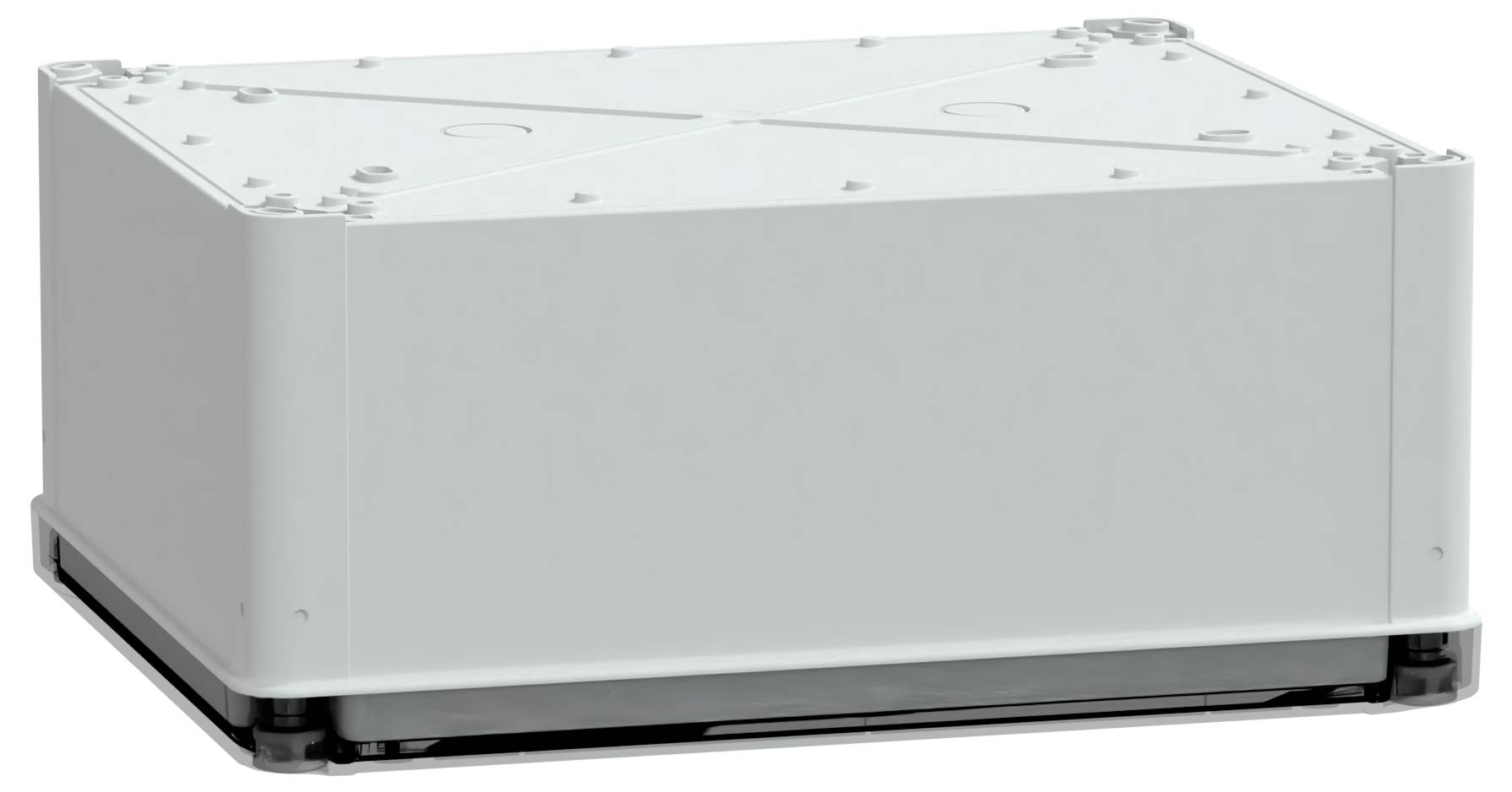 Eine große, rechteckige, weiße elektrische Verteilerdose mit schwarzer Basis, die eine schlichte Oberseite mit dezent gravierten Linien und Schrauben in jeder Ecke aufweist.