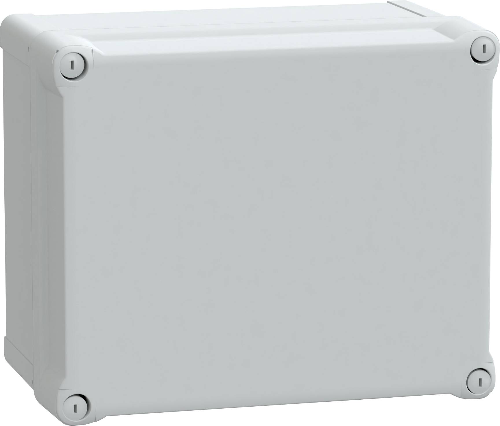Eine graue, rechteckige industrielle Gehäusebox mit sichtbaren Schrauböffnungen an jeder Ecke zum Befestigen und Montieren.