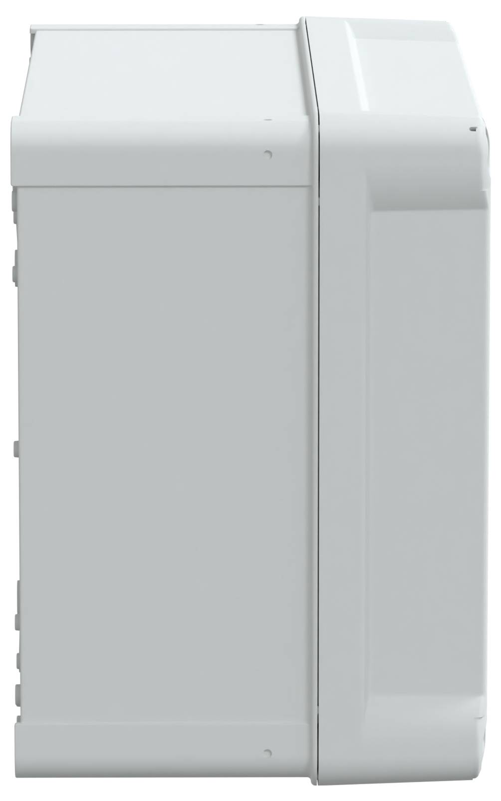Ein großes weißes Haushaltsgerät, von der Seite betrachtet, mit rechteckiger Form, glatten Oberflächen und minimalen Details.
