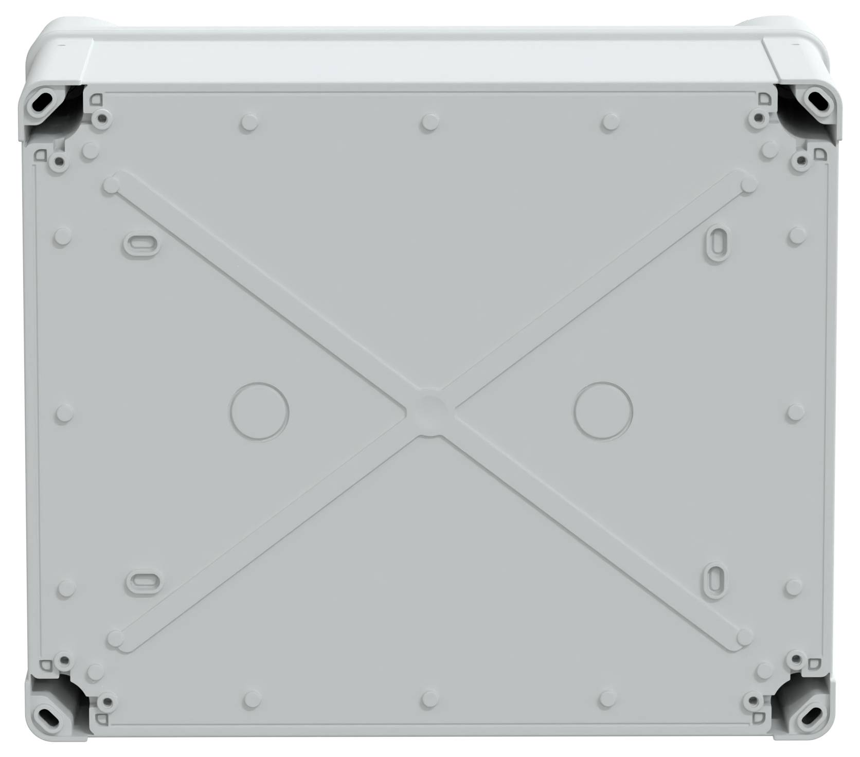 Eine rechteckige, hellgraue elektrische Verteilerbox, von vorne betrachtet, mit Schraubenlöchern an den Ecken und einem Kreuzschliffmuster auf dem Deckel.