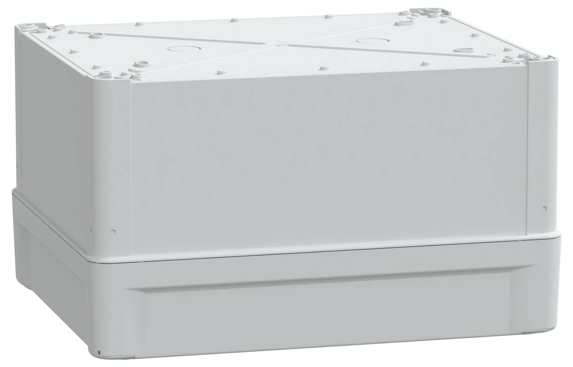 Eine rechteckige weiße elektrische Verteilerdose mit flachem Deckel und abgerundeten Ecken, die entwickelt wurde, um Kabelverbindungen sicher zu beherbergen.