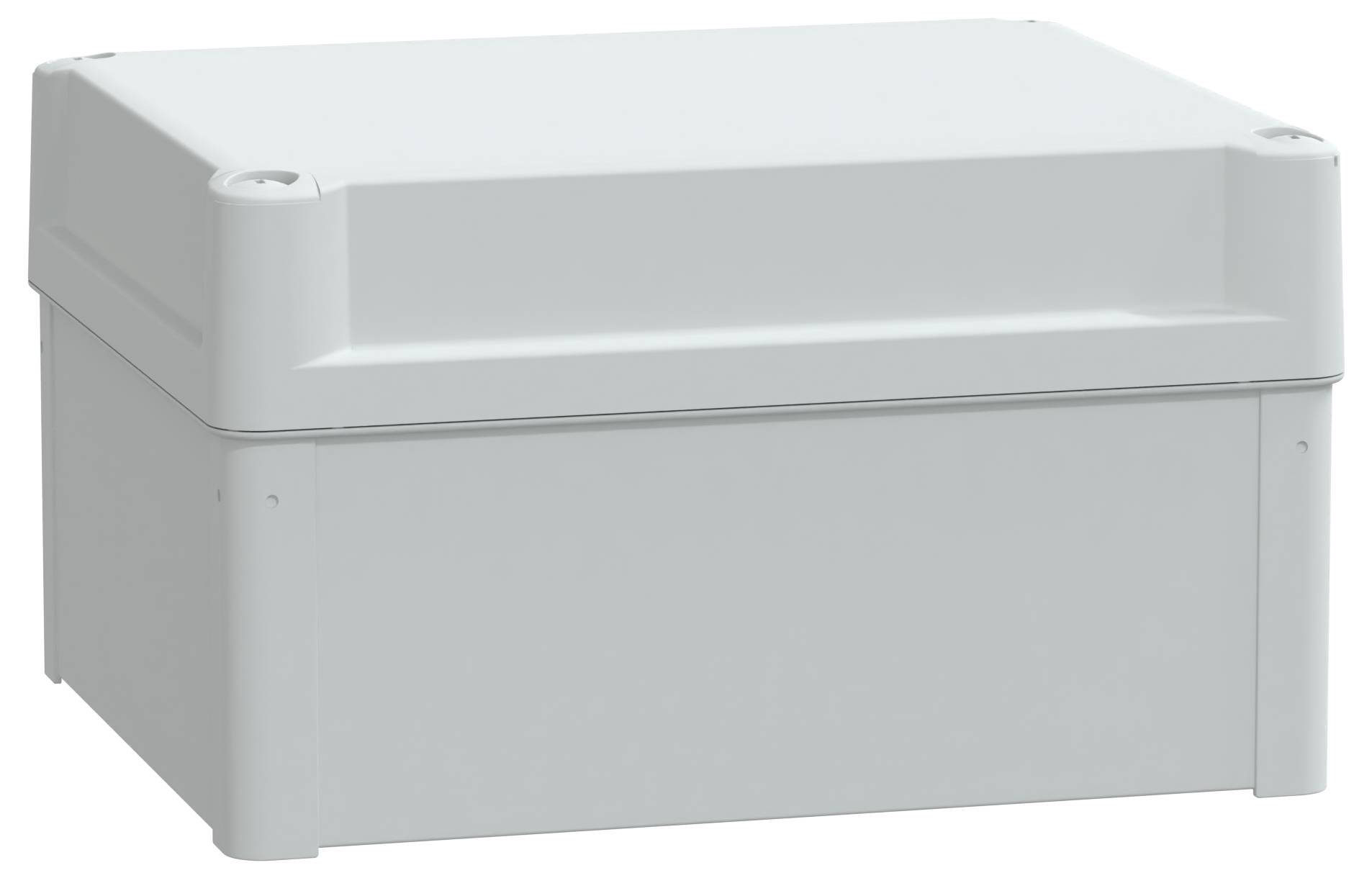 Ein grauer rechteckiger elektronischer Gehäusekasten mit einem flachen Deckel und abgerundeten Ecken, verwendet zur Unterbringung von elektrischen Komponenten.
