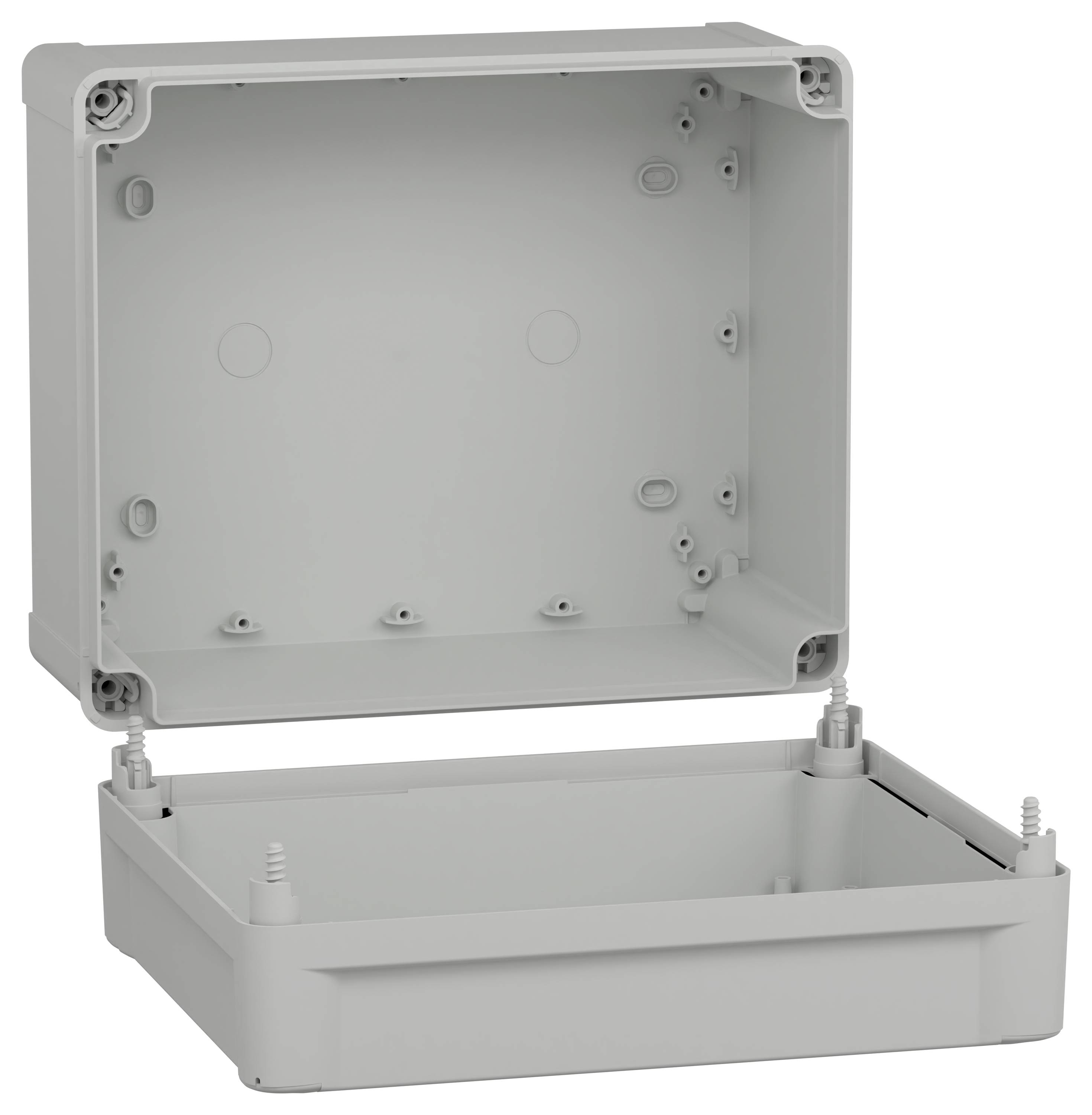 Eine offene graue Plastikgehäuse, die ihr rechteckiges Inneres und vier Eckschrauben zeigt, ausgelegt zum Schutz von elektronischen Komponenten.