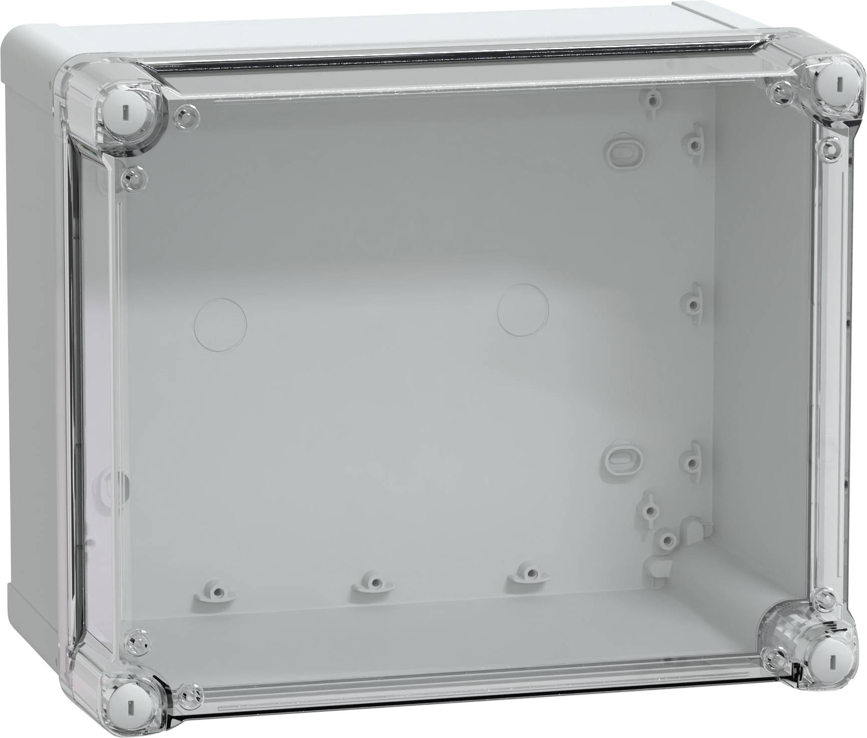 Eine leere, rechteckige Kunststoffgehäuse mit transparentem Deckel, konzipiert für die Unterbringung elektrischer Bauteile, vor einem neutralen Hintergrund.