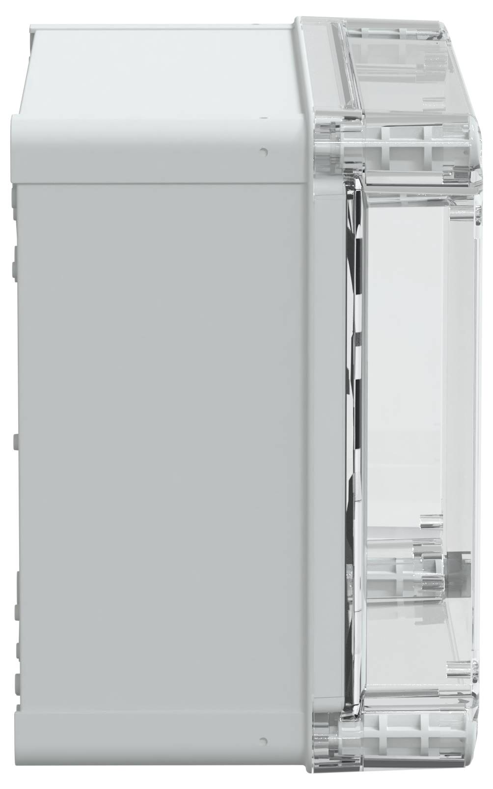Seitenansicht eines weißen, rechteckigen elektronischen Geräts mit transparenter Abdeckung, das sein schlankes und kompaktes Design zeigt.