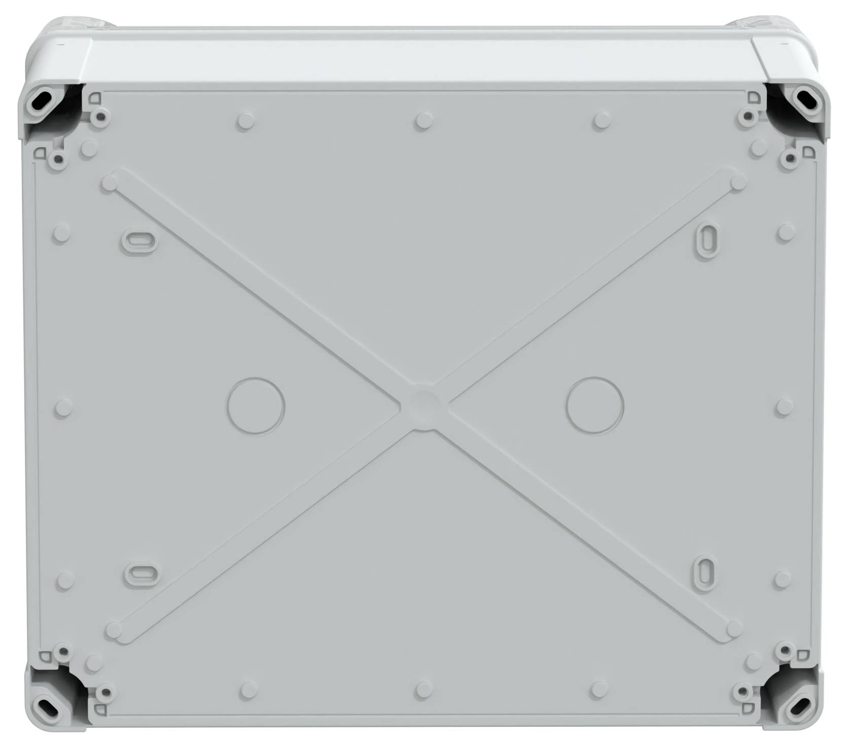 Eine graue, rechteckige Box mit Bolzenlöchern an jeder Ecke und diagonalen Verstärkungen über ihre Oberfläche, möglicherweise ein elektrisches Gehäuse.