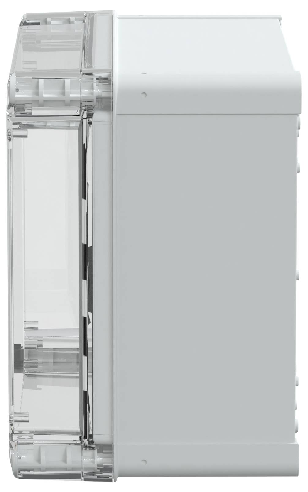 Das Bild zeigt eine Seitenansicht eines transparenten, kompakten, rechteckigen Elektrogehäuses und präsentiert dabei seinen robusten Rahmen und seine Konstruktion.