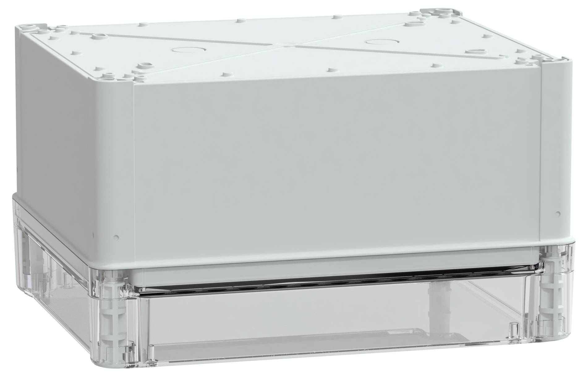 Eine rechteckige weiße und transparente Elektrogehäusebox aus Kunststoff mit sichtbaren Befestigungspunkten und einem durchsichtigen Bereich am Boden.