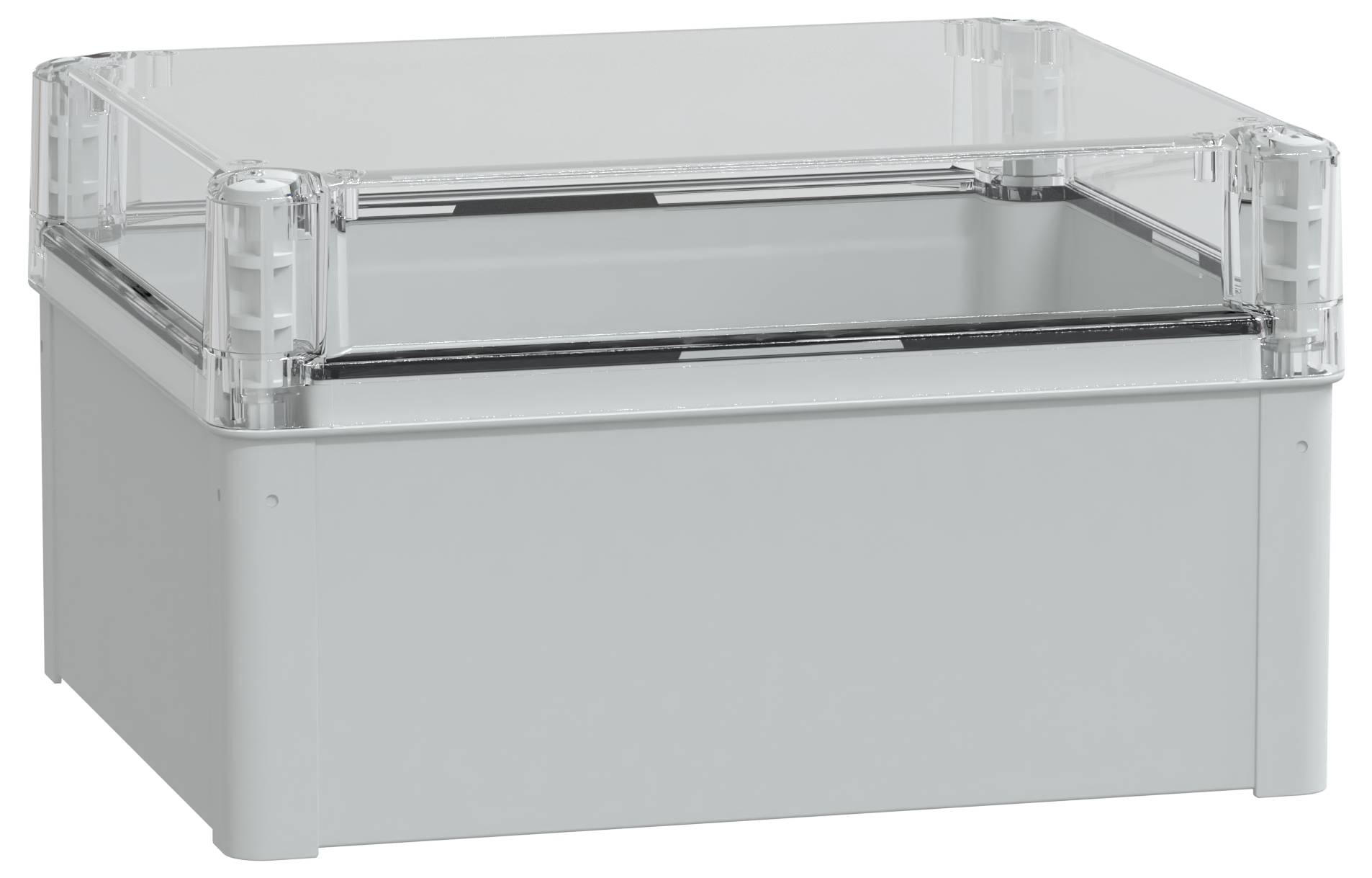 Ein grauer rechteckiger Kunststoffgehäuse mit einem transparenten Deckel, der typischerweise zur Unterbringung von elektronischen Komponenten oder Verkabelung verwendet wird.