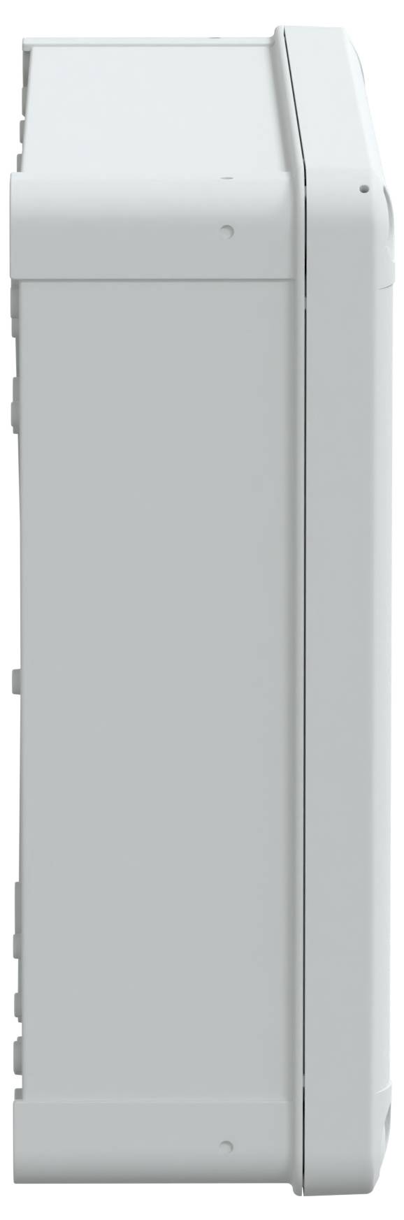Seitenansicht eines rechteckigen elektrischen Gehäuses mit glatter, hellgrauer Oberfläche, das an einer Seite mit Scharnieren versehen ist.