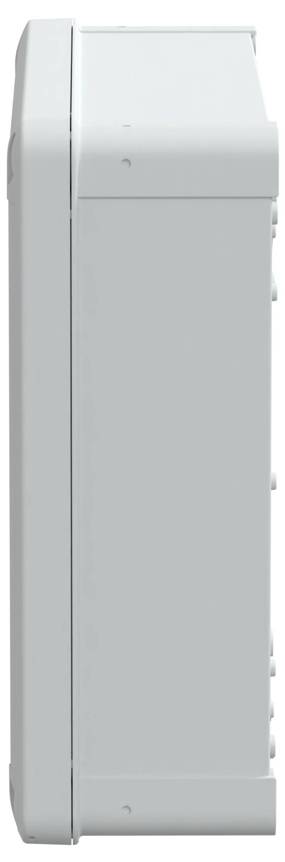 Seitenansicht eines weißen, rechteckigen elektronischen Geräts oder Haushaltsgeräts mit sichtbaren Tasten und elegantem Design.
