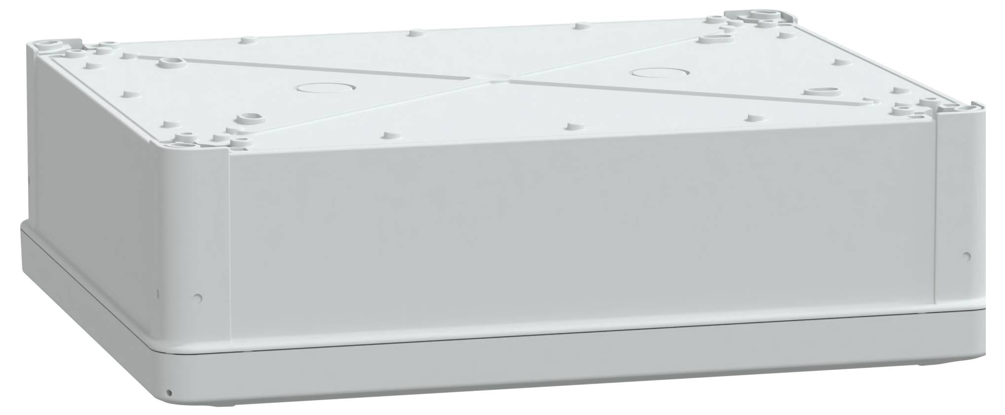 Ein rechteckiges, weißes, industrielles Gehäuse mit mehreren Schrauben auf der Oberseite, das für die Aufnahme elektronischer Komponenten entwickelt wurde.