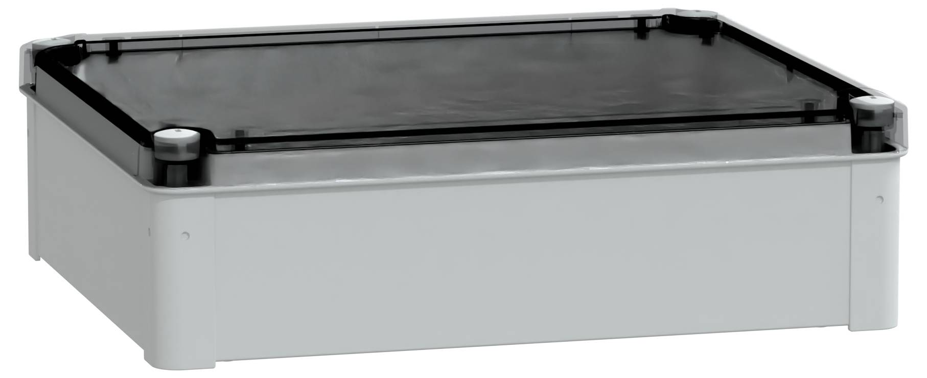 Eine rechteckige, metallische Einfassung mit einer schwarzen, flachen Oberseite und abgerundeten Ecken. Sie scheint eine Schutz- oder Elektrobox zu sein.
