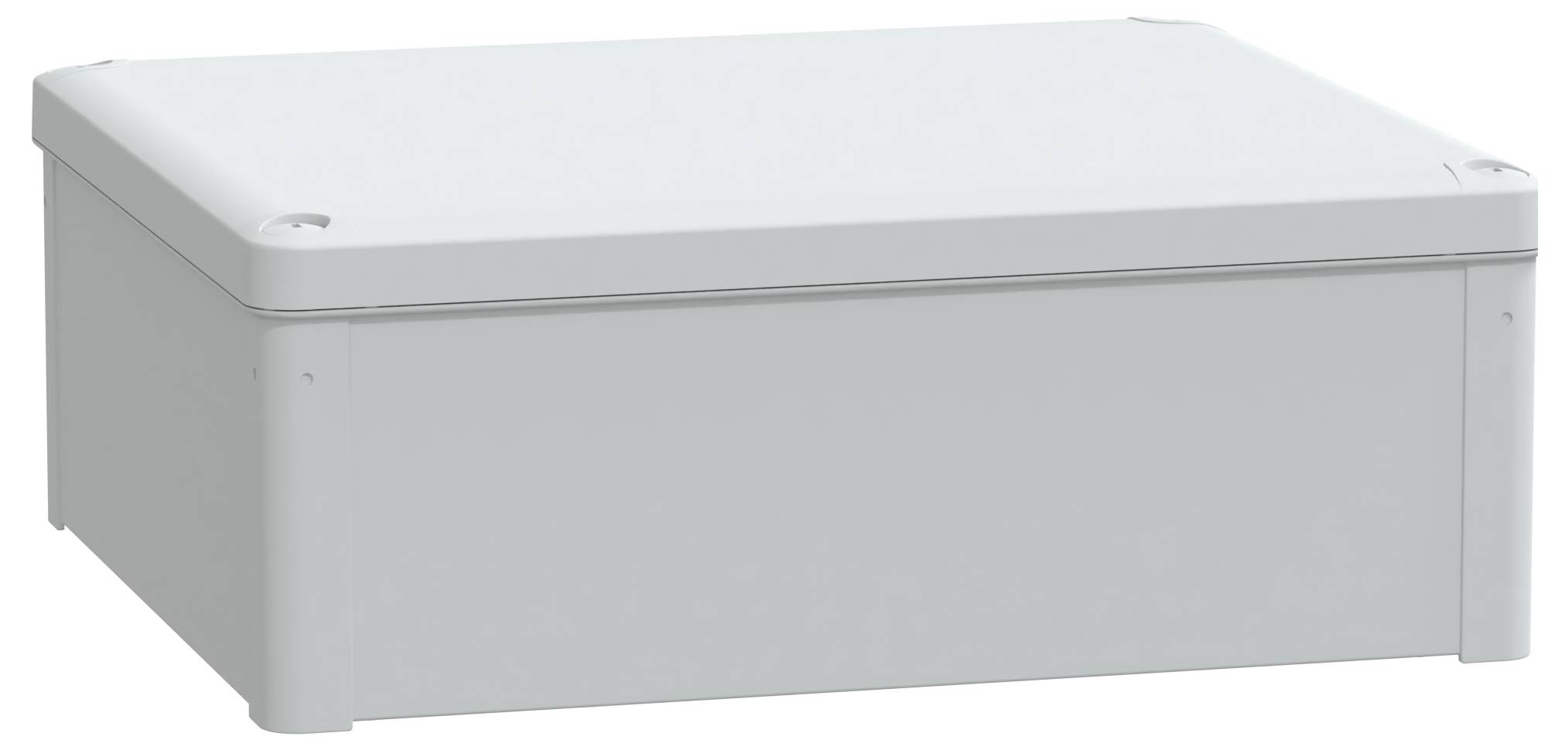 Eine rechteckige, hellgraue elektrische Anschlussdose mit einem flachen Deckel und einfachem Design.