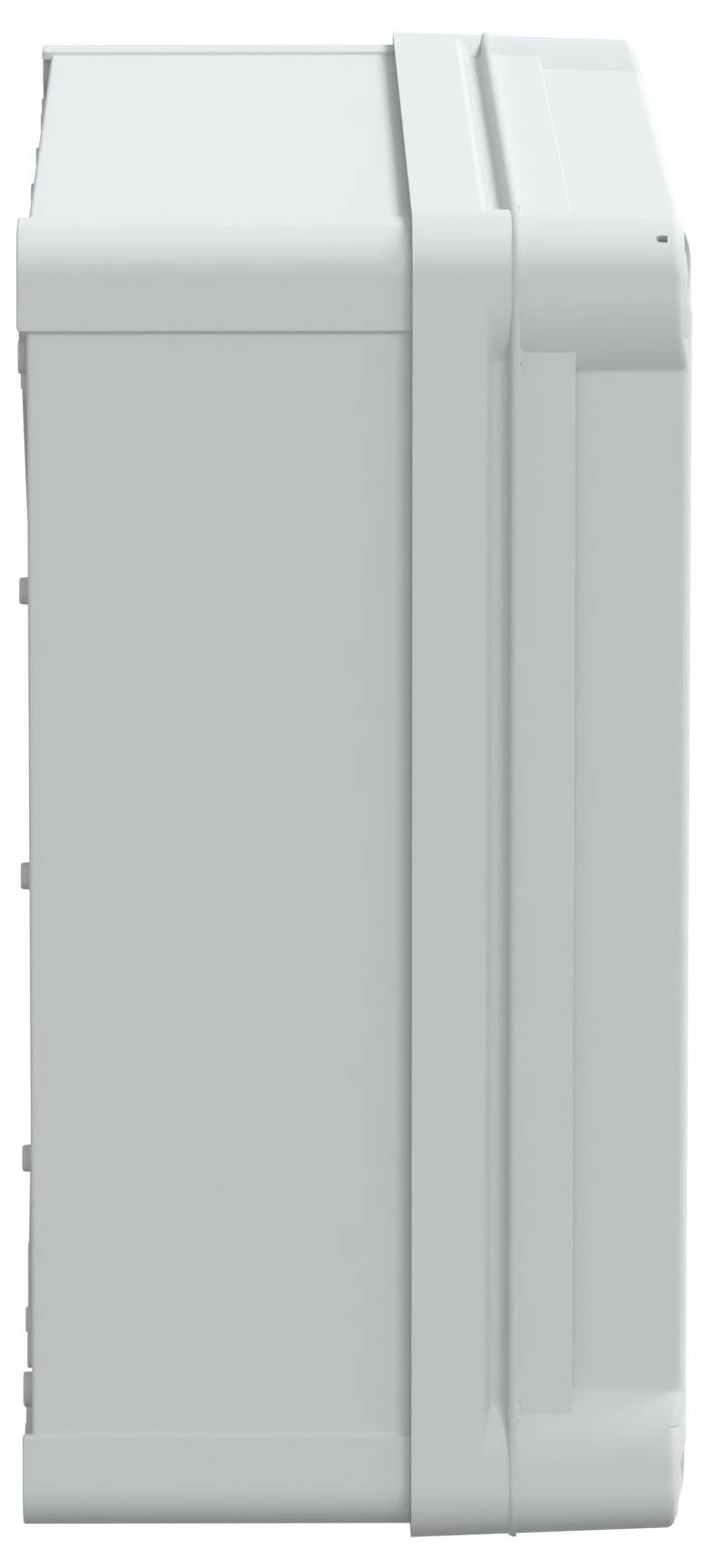 Seitenansicht einer einfachen grauen Kiste mit gerippter Ober- und Seitenfläche, bei der keine sichtbaren Öffnungen oder Griffe zu erkennen sind.