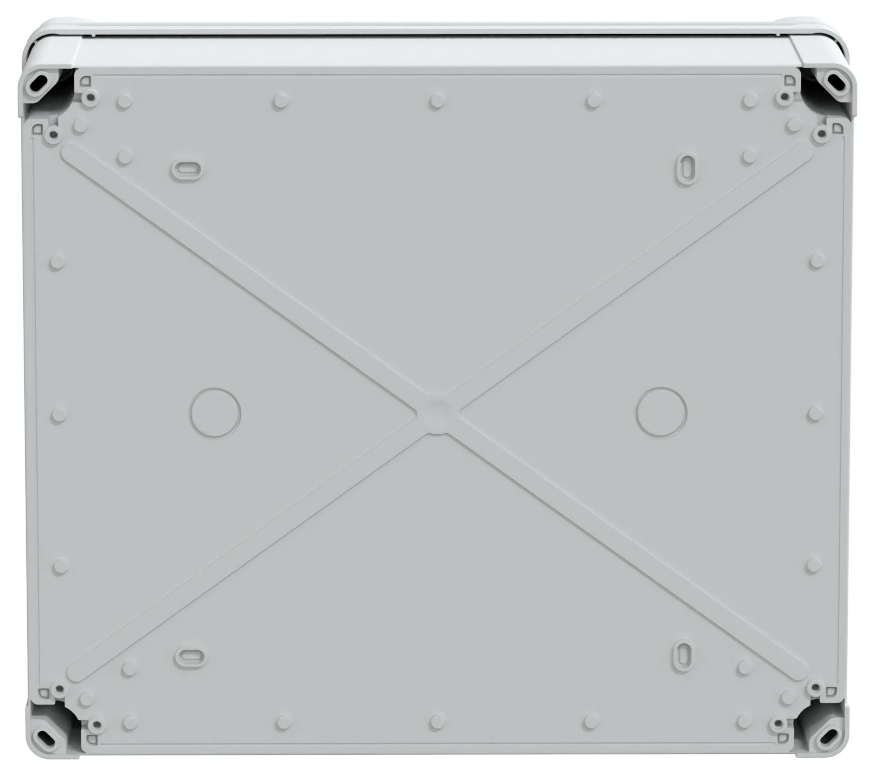 Ein grauer, quadratischer Elektroverteilerkasten, von oben betrachtet, mit einer ebenen, glatten Oberfläche und dezenten Befestigungsbolzen an den Ecken.