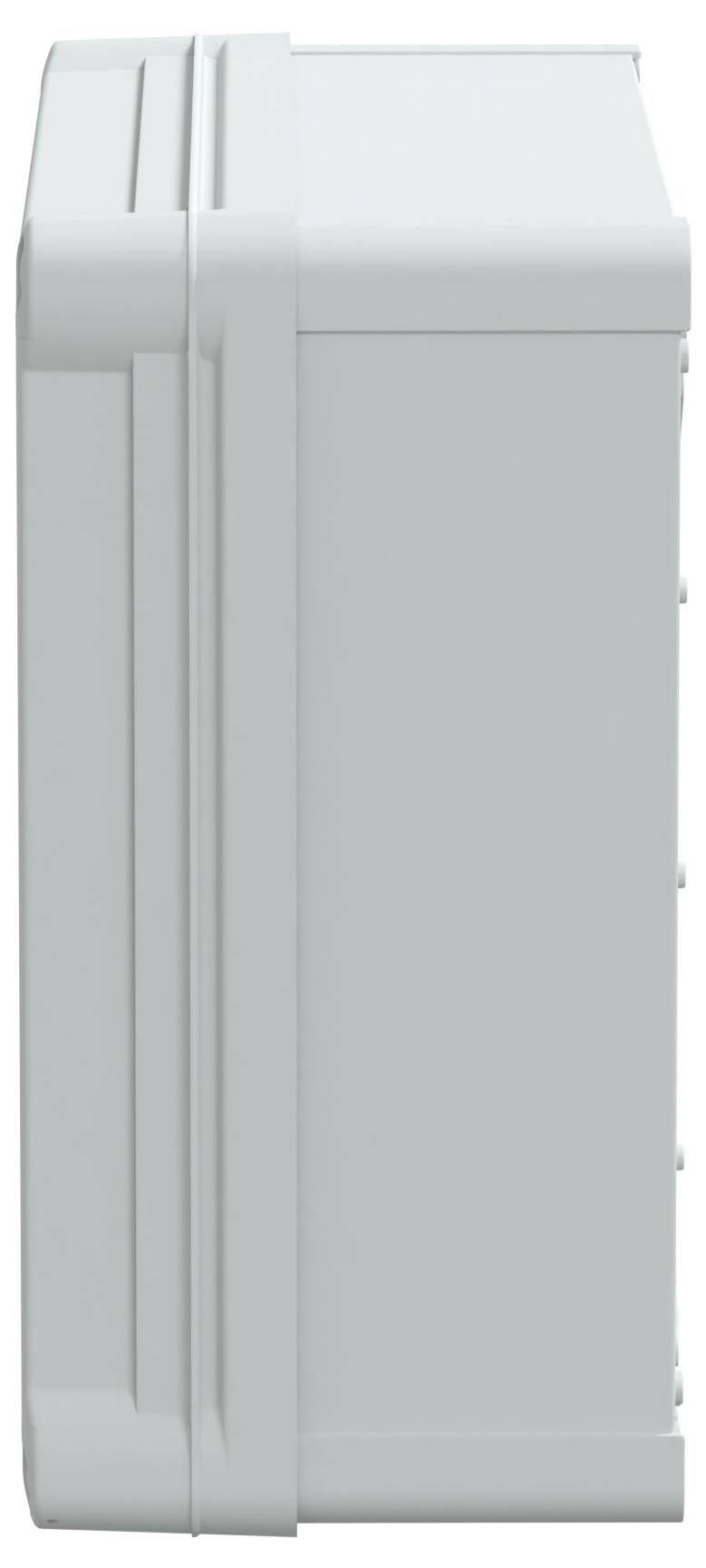 Ein hellgrauer, rechteckiger Metallapparat mit gerippten Kanten, von der Seite betrachtet.