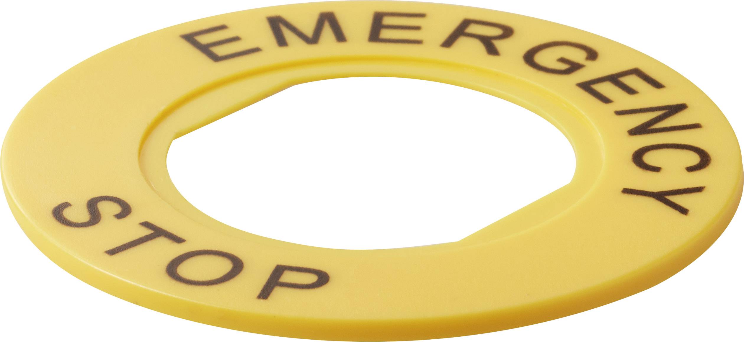 Gelber 'Emergency Stop'-Knopf, rund, dunkel beschriftet, für Notabschaltung bei Maschinen oder Geräten.