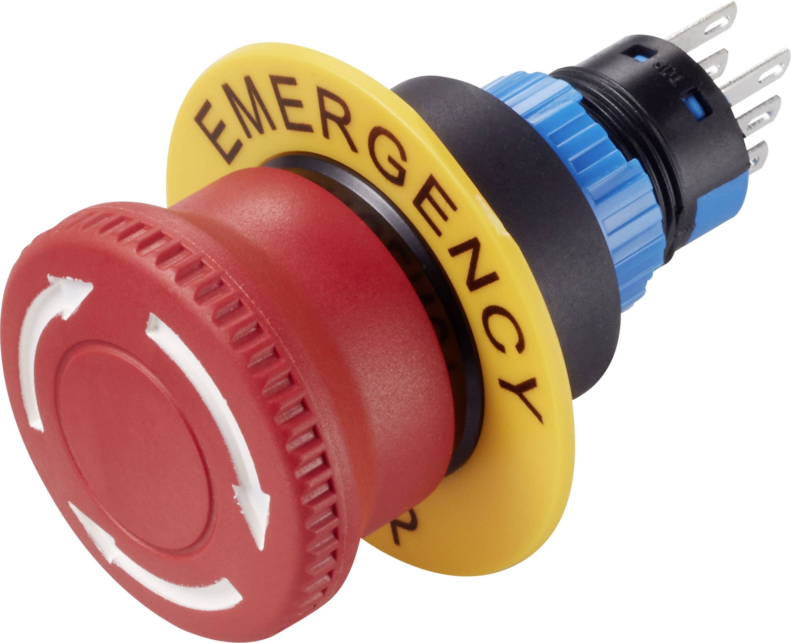 Ein roter Not-Aus-Schalter mit gelbem Ring, beschriftet mit 'EMERGENCY', und einem blauen elektrischen Anschluss hinten.