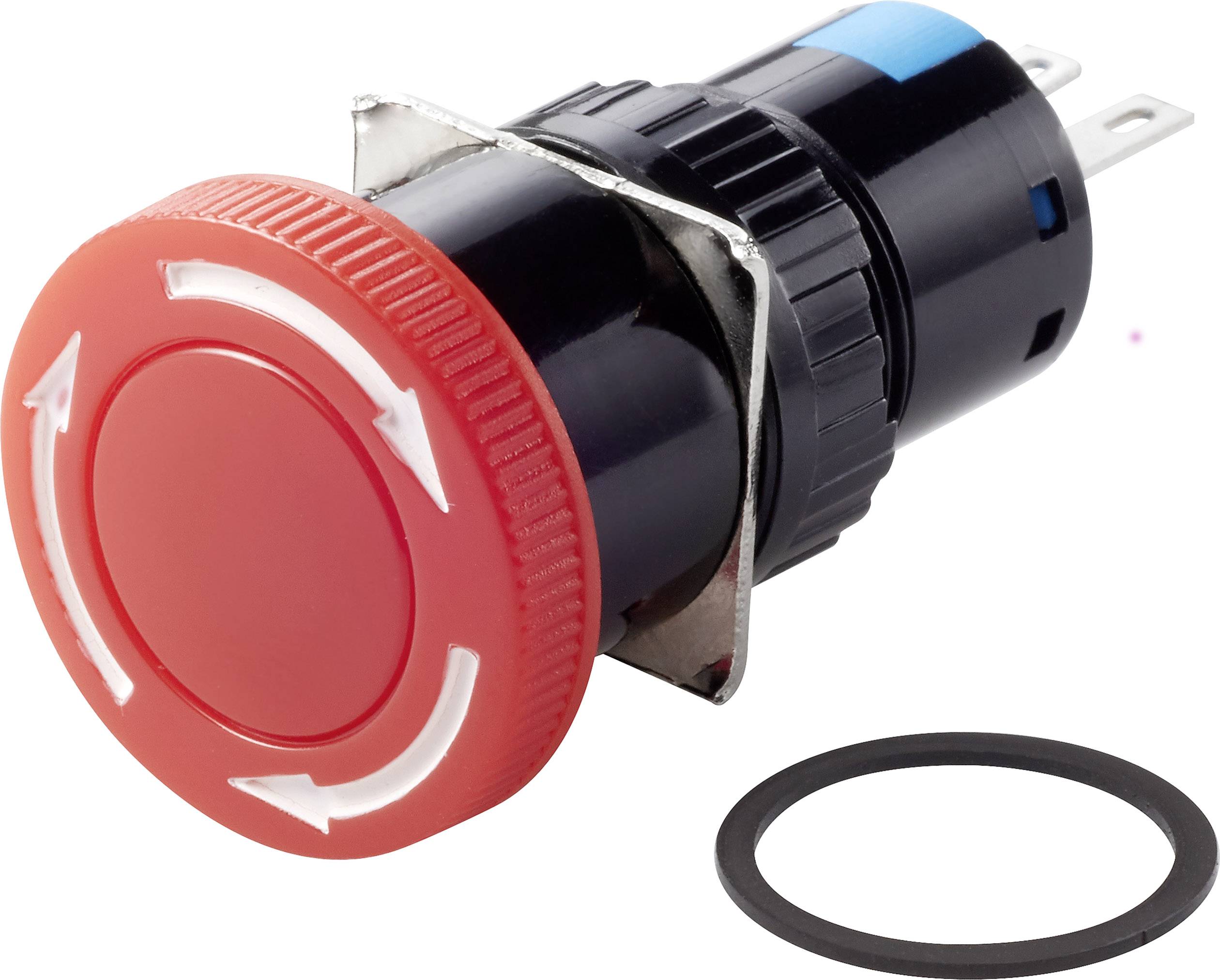 Ein roter Drehknopf mit weißen Pfeilen zeigt eine Rotationsfunktion an. Rechts daneben liegt ein schwarzer Dichtungsring.