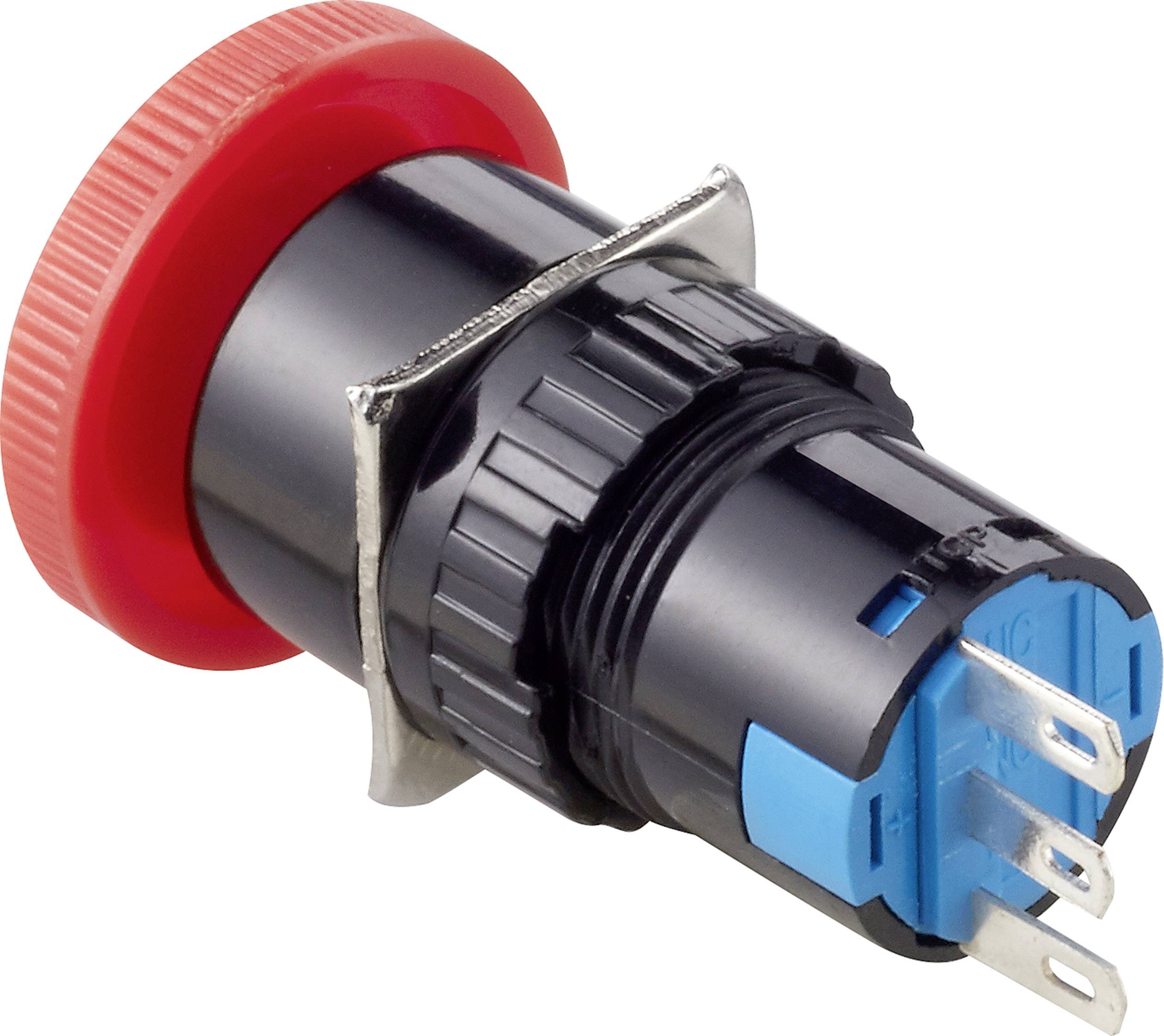 Ein roter Druckknopf, montiert auf einem schwarzen Gehäuse, mit blauen Steckkontakten an der Rückseite.