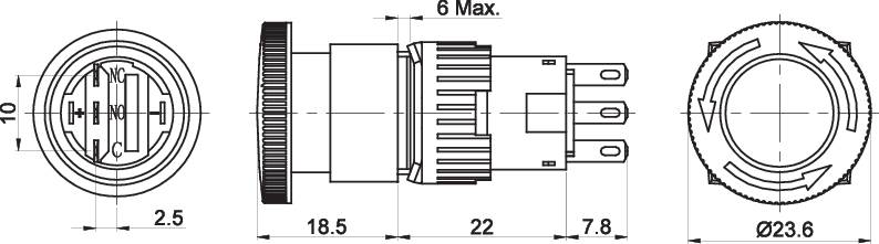 Technische Zeichnung eines dreipoligen Steckverbinders mit Abmessungen. Zeigt Vorder-, Seiten- und Draufsicht des Steckverbinders.
