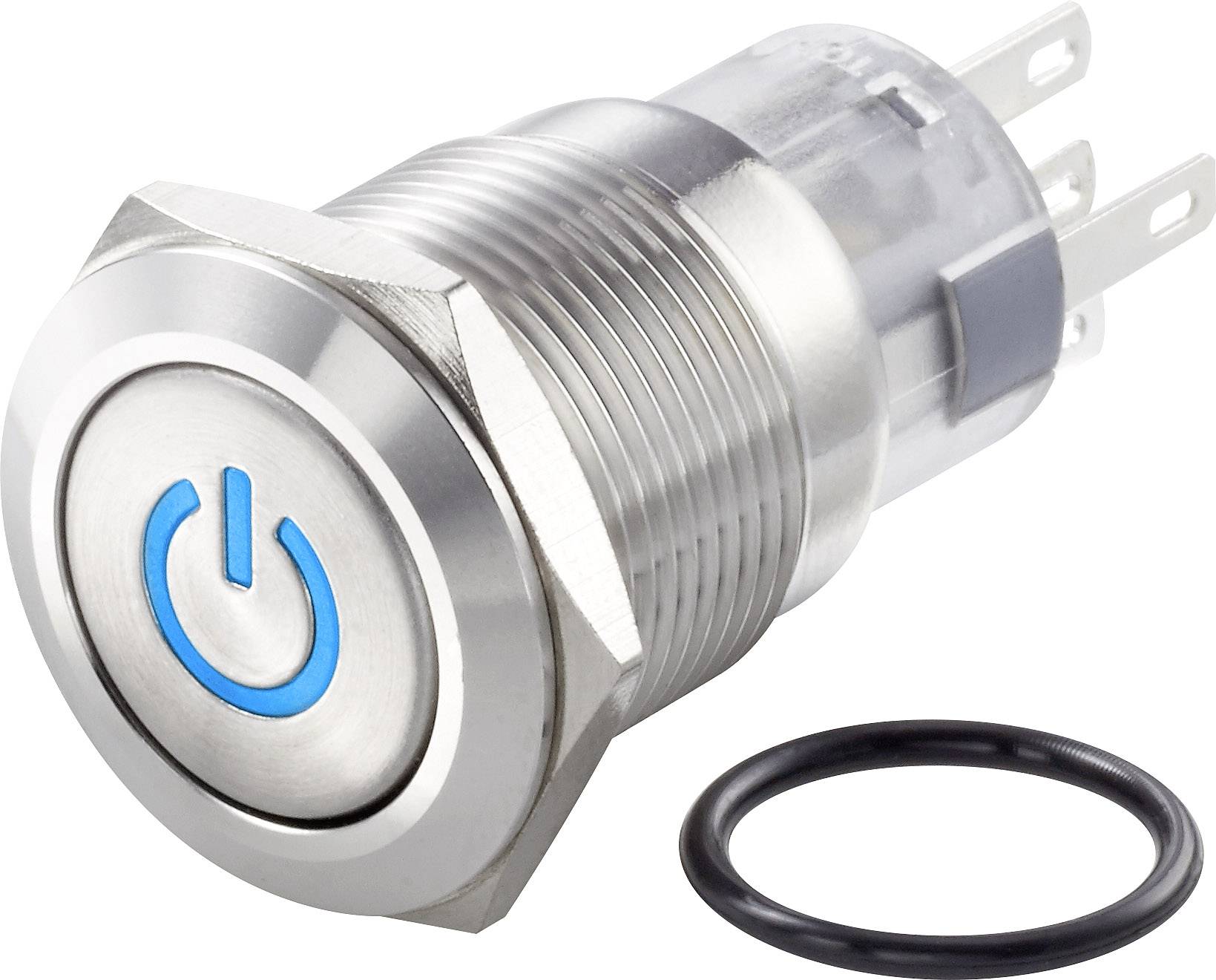 Metallischer Druckschalter mit blauem Ein-/Ausschalt-Symbol und schwarze Dichtung. Geeignet für elektronische Anwendungen.
