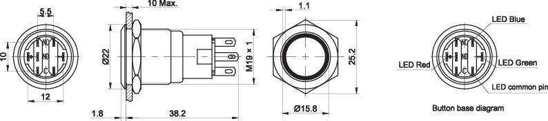 TRU COMPONENTS TC-7494624 TC-LAS1-AGQ-11E/42RGB/ Vandalismusgeschützter Druckschalter 250 V/AC 3A 1 x Aus/(Ein) tastend Rot, Grün