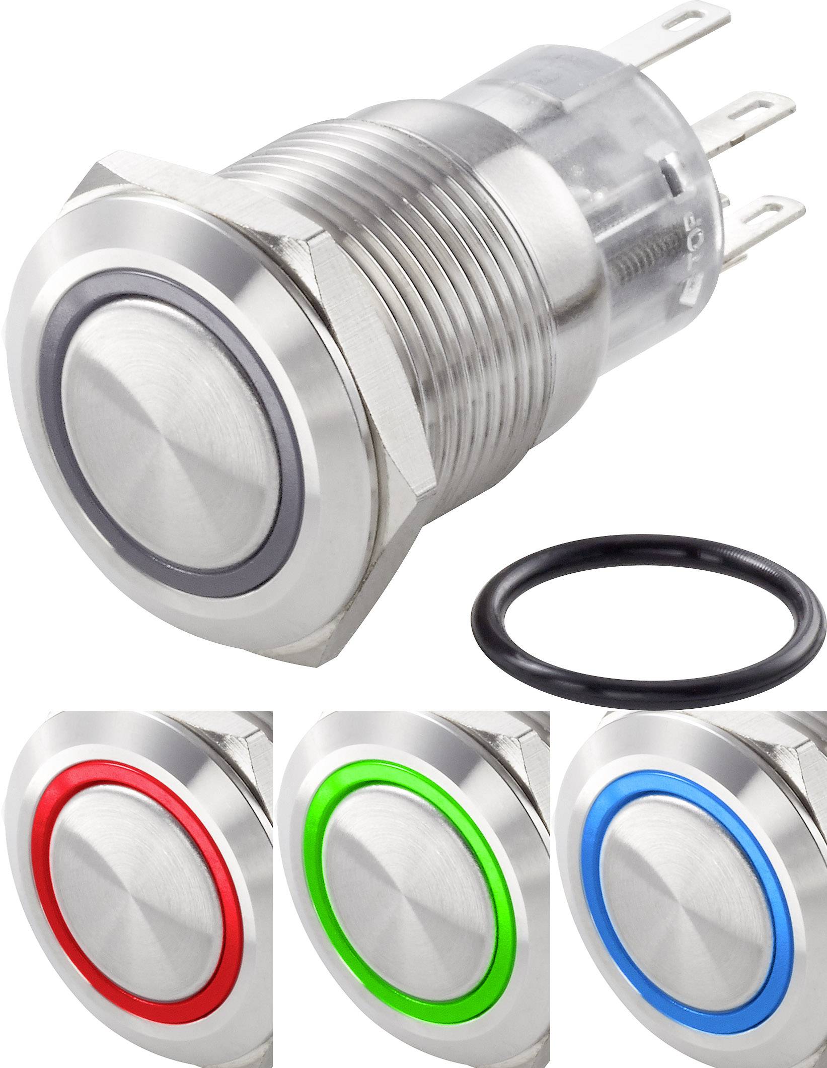 Runder, metallischer Druckschalter mit farbigen LED-Ringen in Rot, Grün und Blau. Geeignet für elektronische Anwendungen.