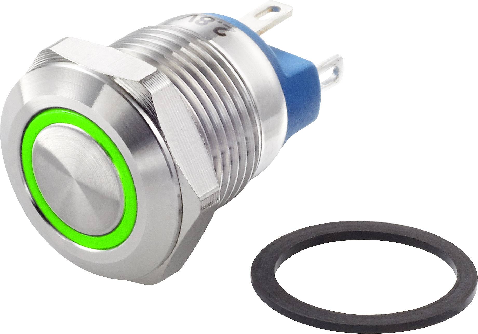 Runde Metallschalter mit grünem LED-Ring, zwei Anschlüsse sichtbar; daneben liegt ein schwarzer Dichtungsring.