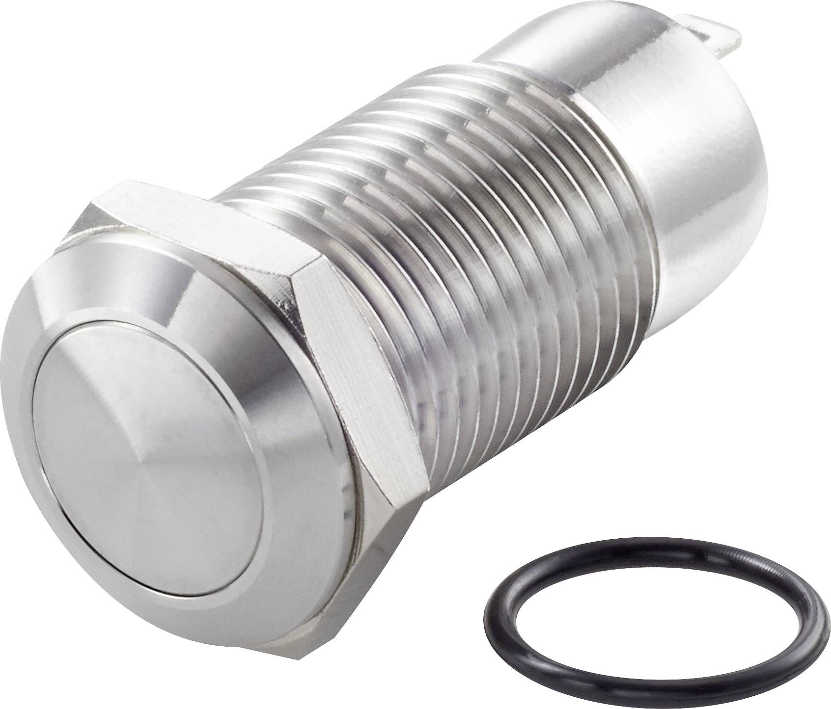 Metallschalter mit kreisförmigem Knopf und geriffeltem Gehäuse, daneben ein schwarzer O-Ring.