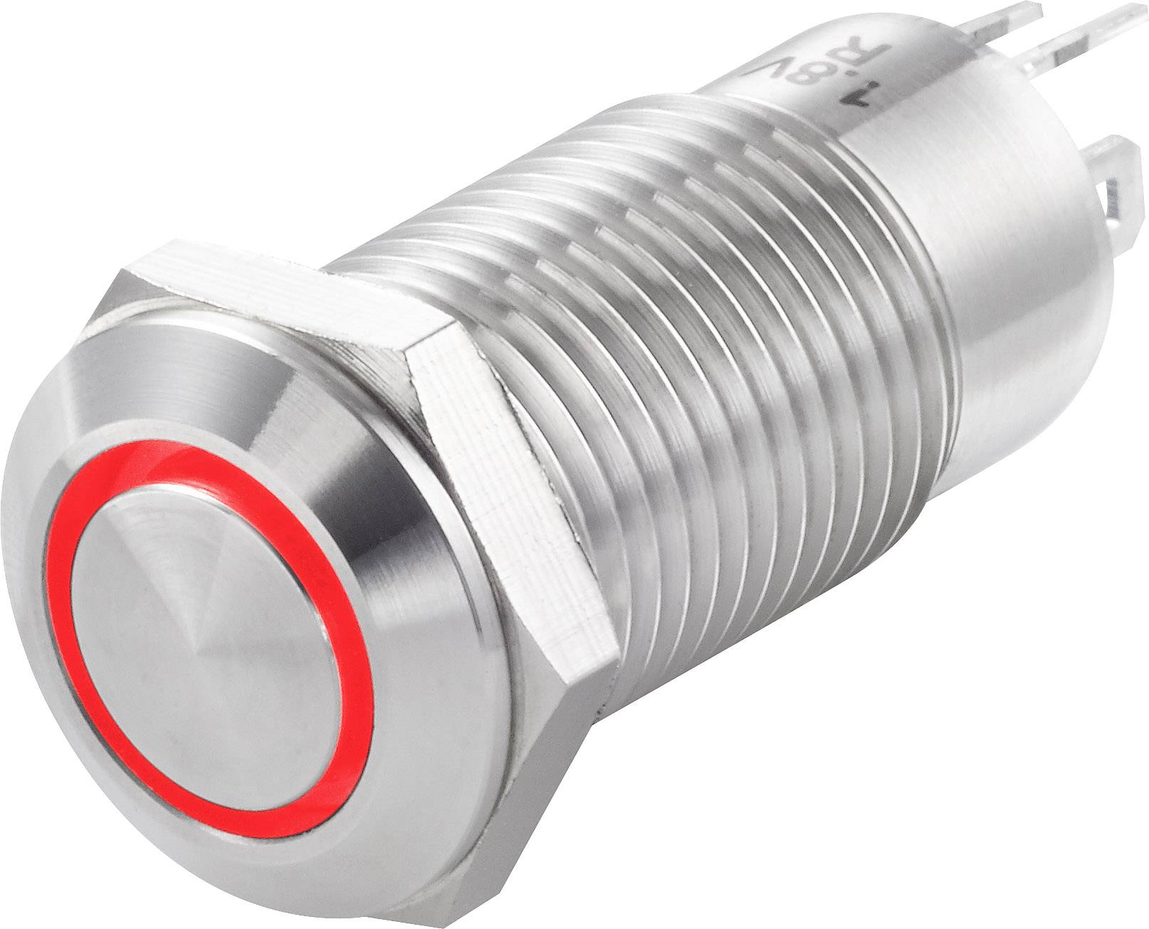 Silberner Metallknopf mit rotem LED-Ring, zylindrische Form, für elektronische Anwendungen, Seitenansicht mit sichtbaren Anschlüssen.