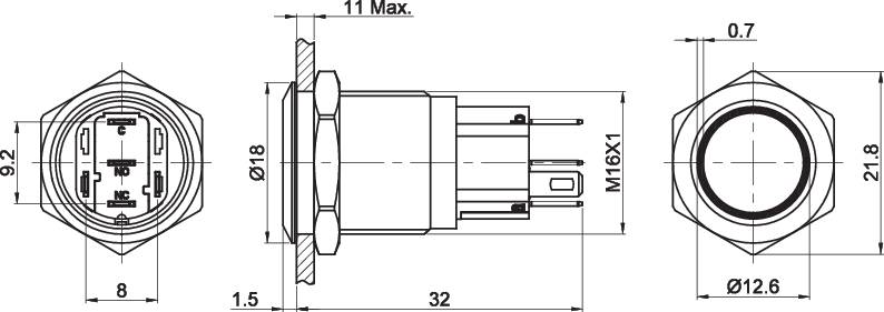 TRU COMPONENTS TC-7494896 TC-GQ16-KF-11ZE/J/B/12V/A Vandalismusgeschützter Druckschalter 48 V/DC 2 A 1 x Aus/Ein rastend Blau IP65 1 St.