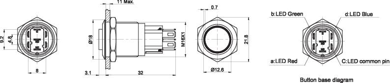 TRU COMPONENTS TC-7495048 TC-GQ16-KH-11E/J/41RGB/12V/S Vandalismusgeschützter Druckschalter 48 V/DC 2 A 1 x Aus/(Ein) tastend Rot, Grün, Blau, RGB
