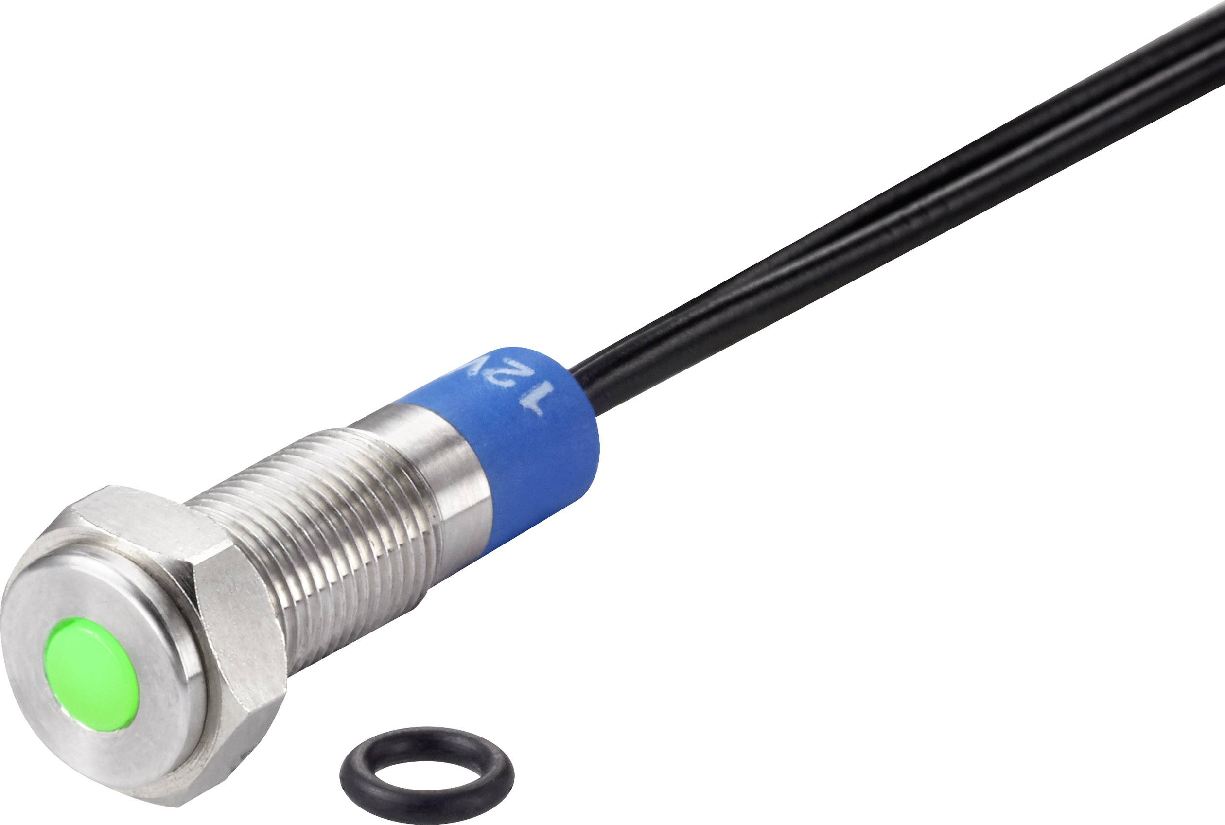 Ein Metallzylinder-Sensor mit grünem Licht und schwarzem Kabel liegt neben einem kleinen schwarzen O-Ring.
