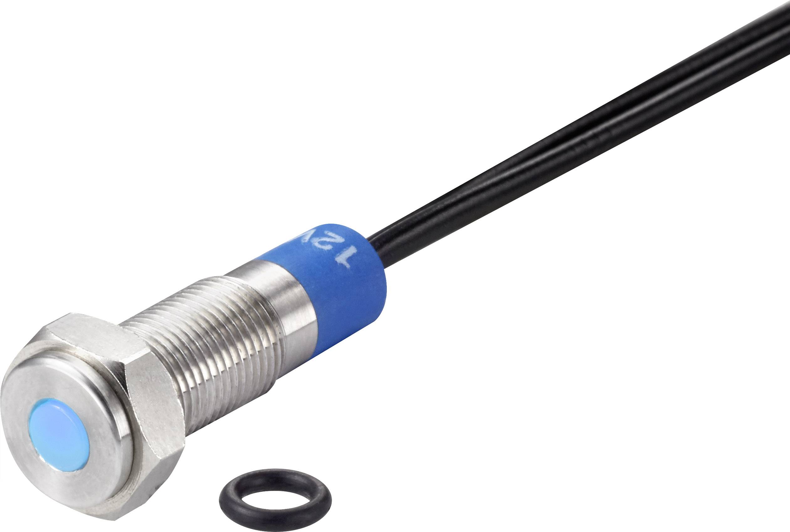 Metallsensor mit blauer Spitze und Gewinde, schwarzes Kabel und ein kleiner schwarzer Dichtungsring daneben.