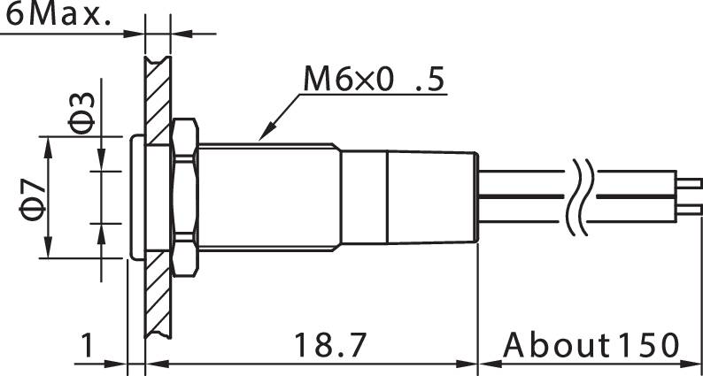 Technische Zeichnung eines Steckeranschlusses mit Maßen: M6x0.5, 6 Max Durchmesser, 8.7 Länge, A90±0.50, 7 Durchmesser.