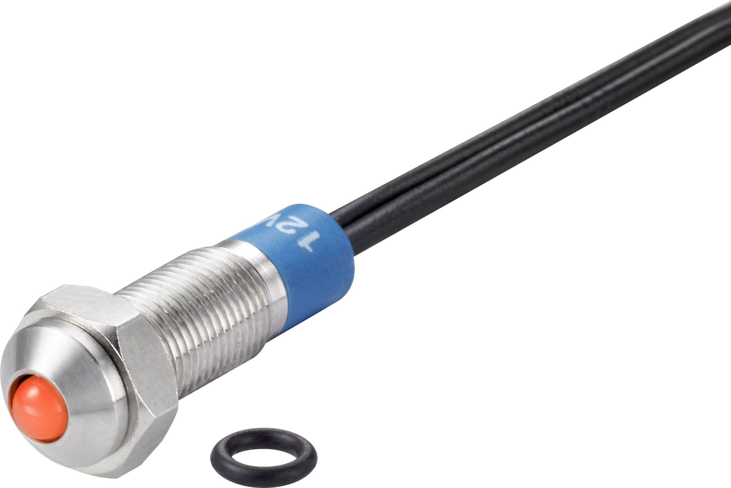 Metallischer Sensor mit rotem Schalter, schwarzem Kabel und blauer Kennzeichnung '12V'. Enthält Gummidichtungsring.