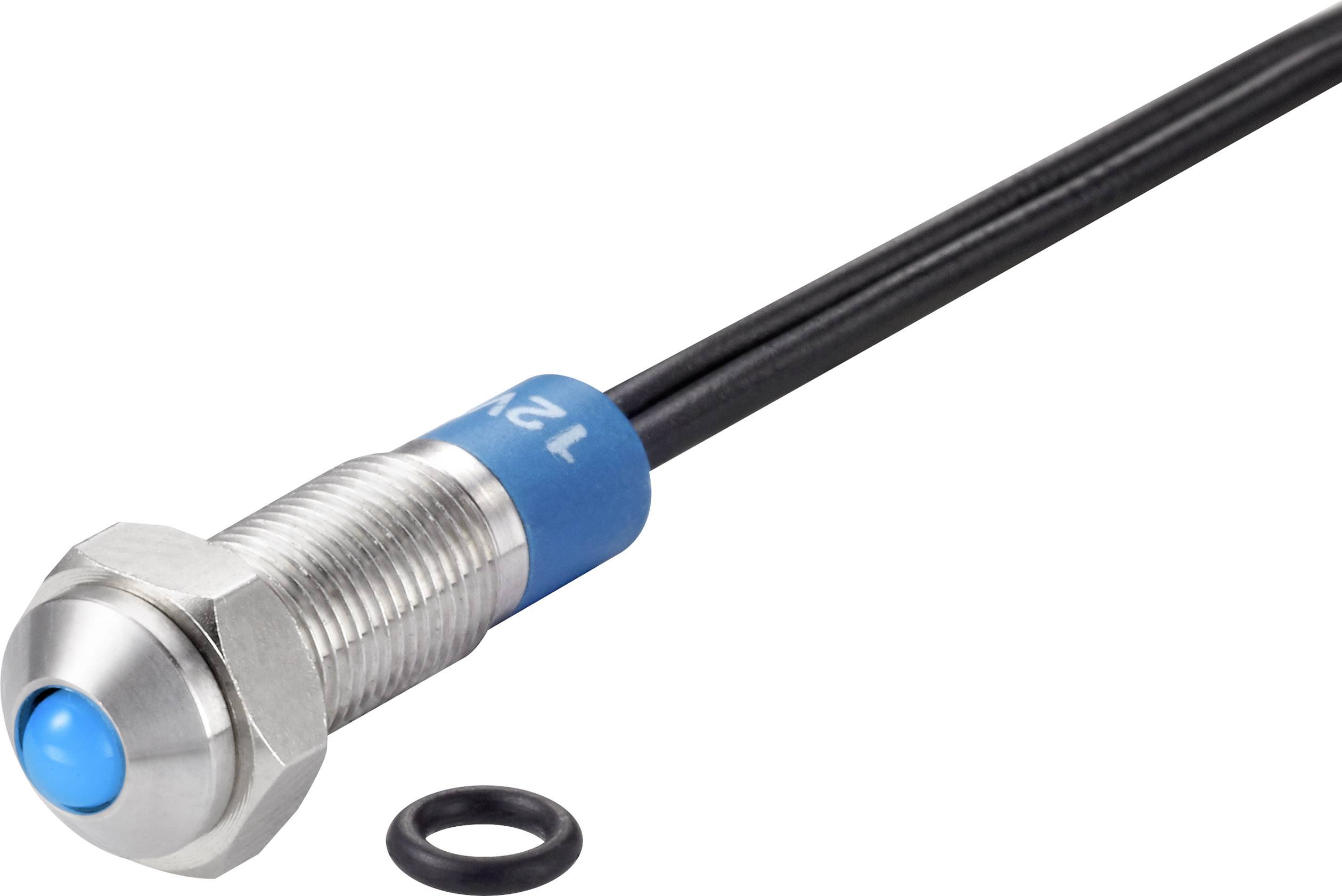 Ein zylindrischer Sensor mit blauer Kappe und Beschriftung '12V' ist mit einem schwarzen Kabel verbunden. Daneben liegt ein kleiner schwarzer O-Ring.