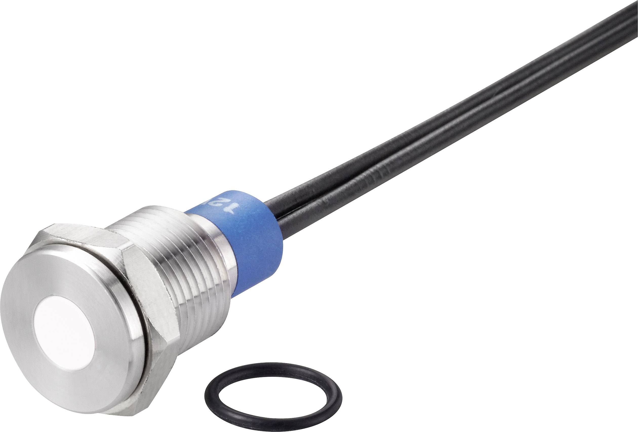 Ein runder, silberner Sensor mit schwarzen Kabeln und einer blauen Markierung. Neben dem Sensor liegt ein schwarzer Dichtungsring.