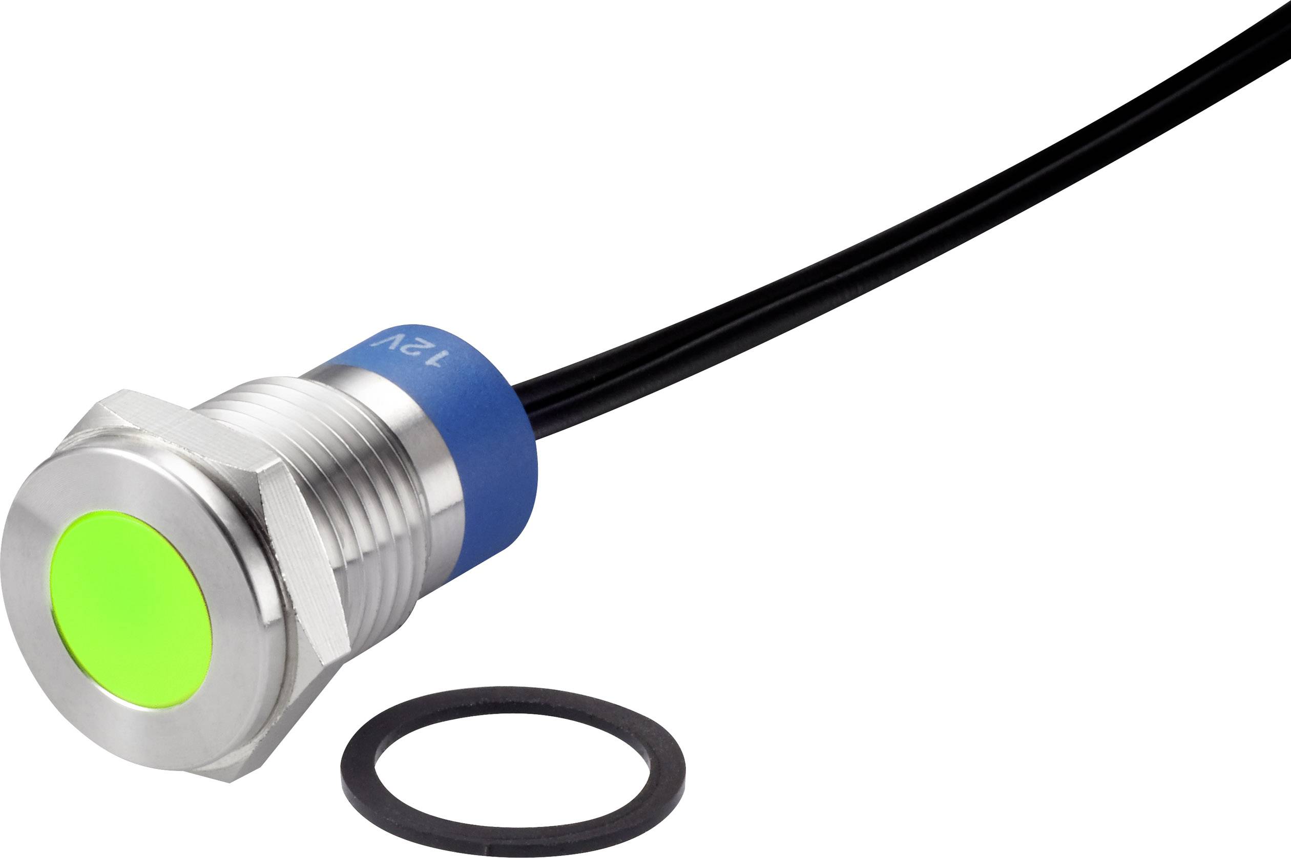 Metallischer LED-Druckschalter mit grünem Leuchtring und Kabel, abgebildet mit schwarzer Dichtung.