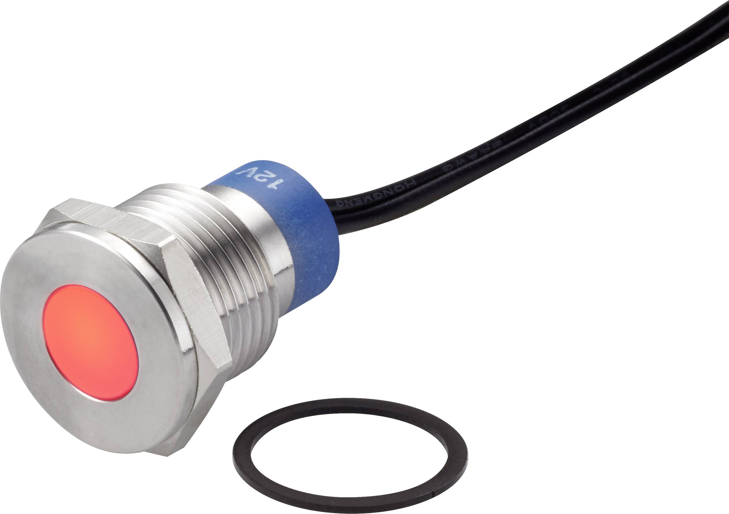 Ein runder LED-Druckknopf mit roter Leuchte, blauem Sockel mit '12V'-Markierung und einem schwarzen Kabel, daneben ein schwarzer O-Ring.