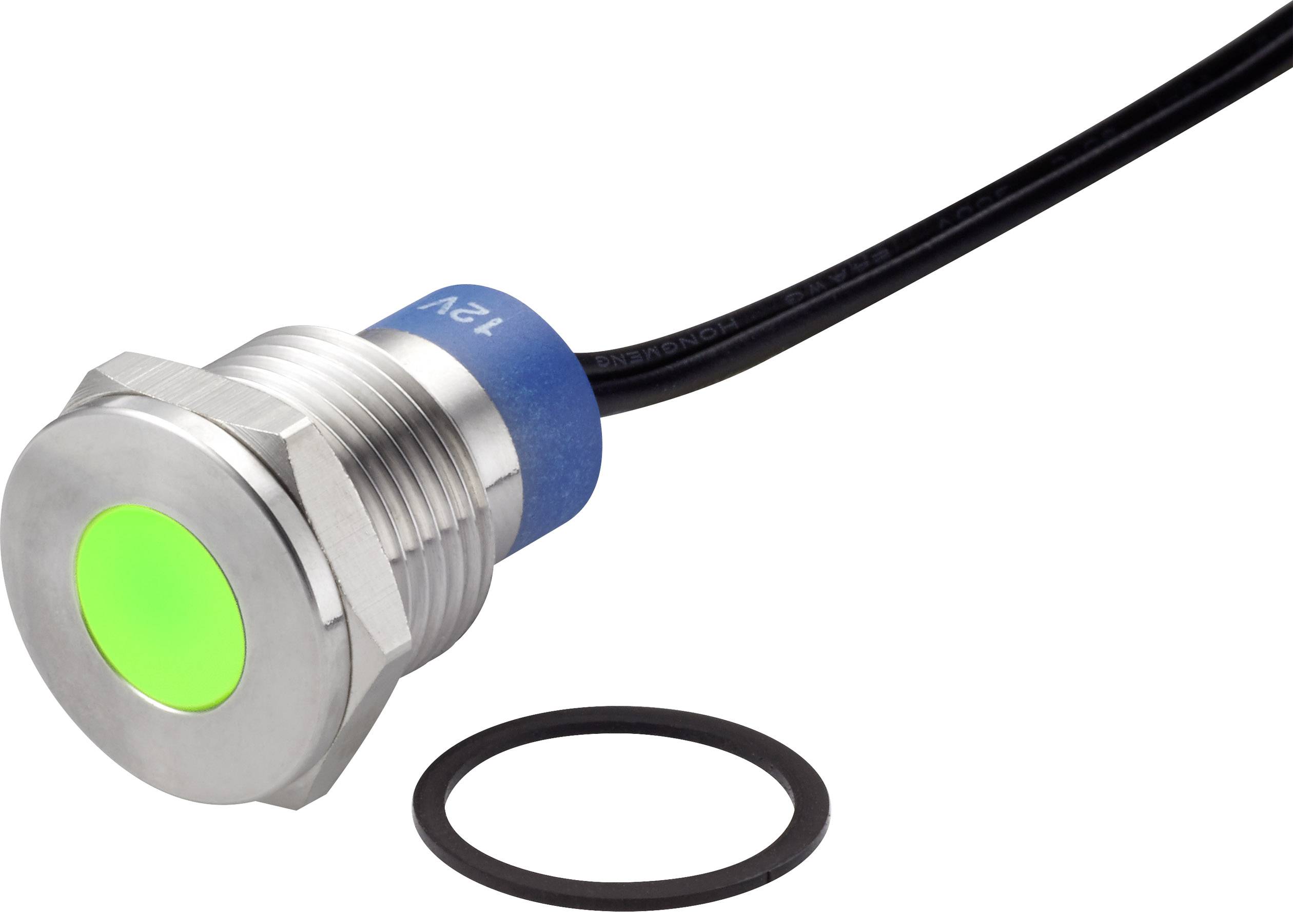 Grüner LED-Druckschalter mit Metalleinfassung und schwarzem Kabel; daneben liegt ein schwarzer Dichtungsring.
